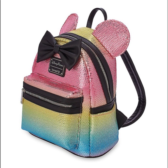 Loungefly Minnie Sequined Backpack Bow Rainbow - Picture 2 of 8